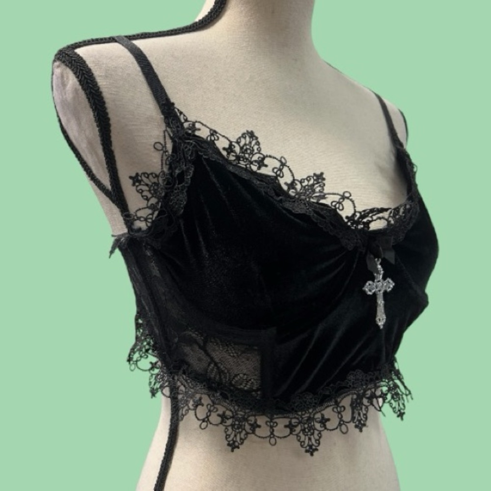 Widow Velvet Bra Top Gothic Lace with Cross Detail Dolls Kill - Picture 2 of 6